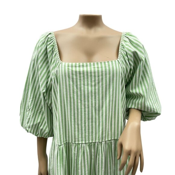 Beachlunchlounge Women Back Bow Babydoll Dress Balloon‎ Sleeve Striped Green L - Picture 15 of 15